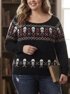 3X Torrid black skull heart fair isle scoop neck sweater NWT